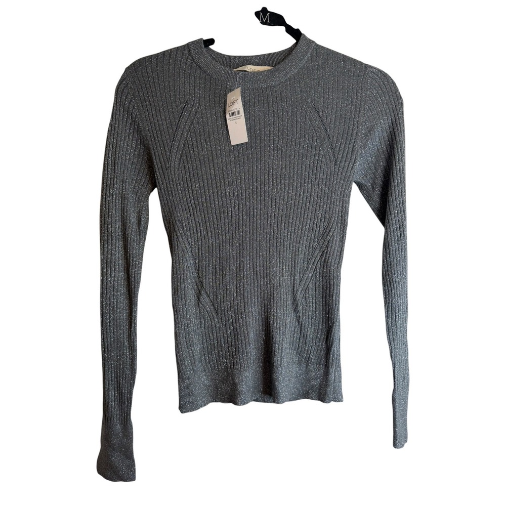 Loft Womens Grey Metallic Ribbed Long Sleeve Crew Neck Sweater Size S NWT
